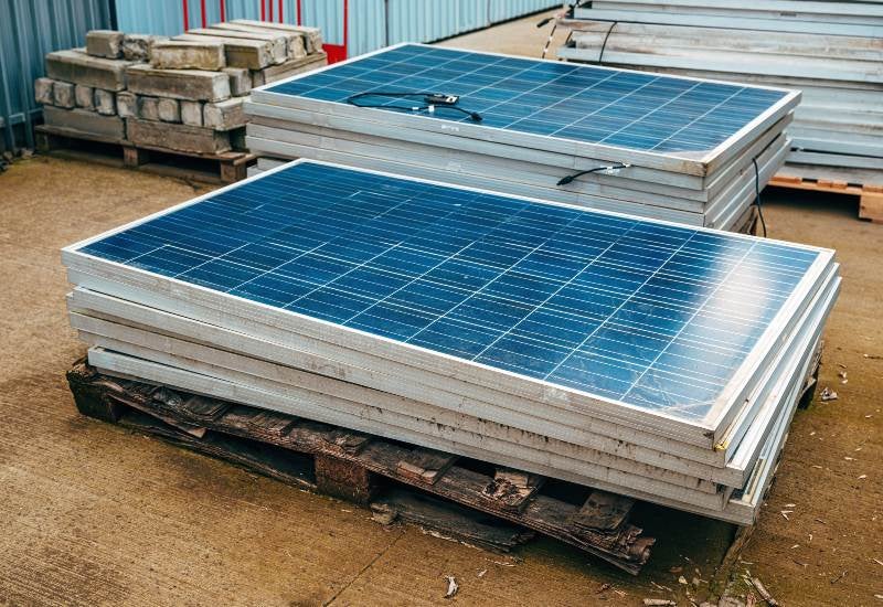 Stacks of solar panels placed outdoors on wooden pallets for recycling in Houston, TX